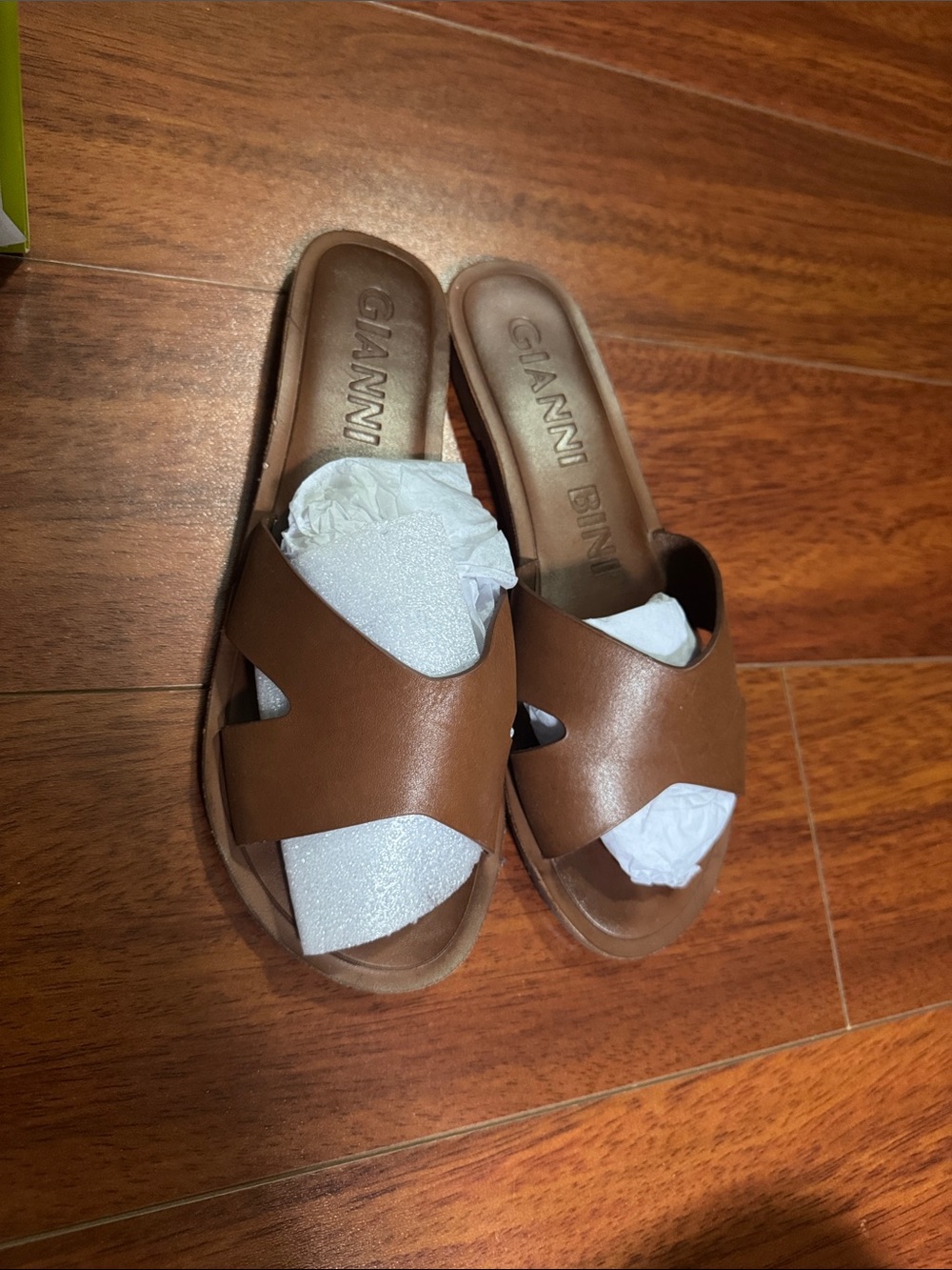 Gianni Bini Tan Brown Leather Slide Sandals